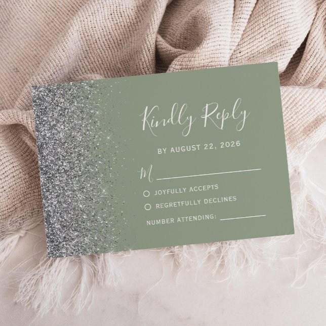 Modern Silver Glitter Edge Sage Green RSVP Card (Creator Uploaded)