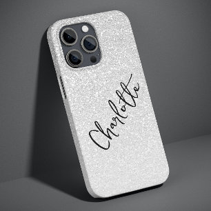 Modern Silver Glitter Girly Chic Personalised Name iPhone 14 Pro Max Case