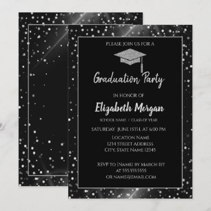 Modern Silver Glitter Graduation Cap,Polka Dots Invitation