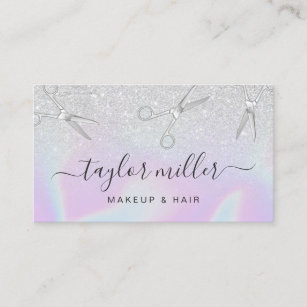 Modern silver glitter holographic hairstylist business card