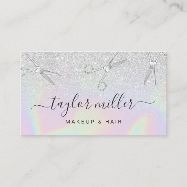 Modern silver glitter holographic hairstylist business card (Front)
