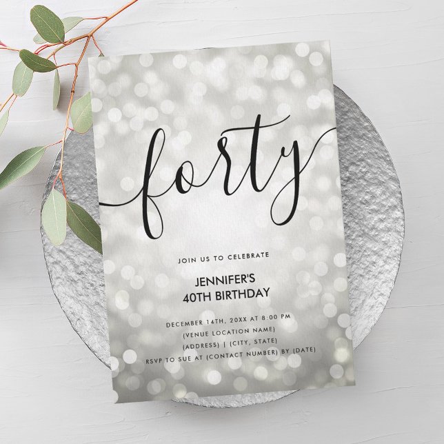 Modern Silver Glitter Lights 40th Birthday  Invitation (Modern Silver Glitter Lights 40th Birthday Invitation)