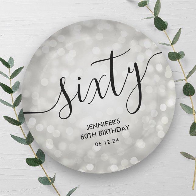 Modern Silver Glitter Lights 60th Birthday  Paper Plate (Modern Silver Glitter Lights 60th Birthday Paper Plates)