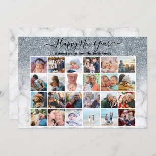 Modern Silver Glitter Marble Elegant Script Photo Holiday Card