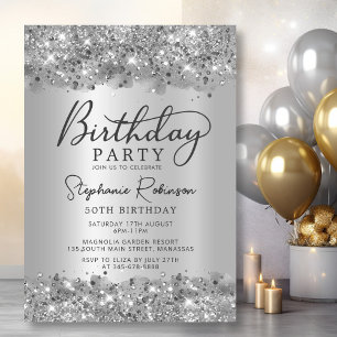 Modern Silver Glitter Metal Foil 50th Birthday Invitation