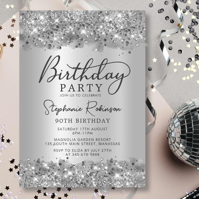 Modern Silver Glitter Metal Foil 90th Birthday Invitation (Creator Uploaded)