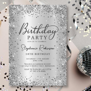 Modern Silver Glitter Metallic Foil 18th Birthday  Invitation