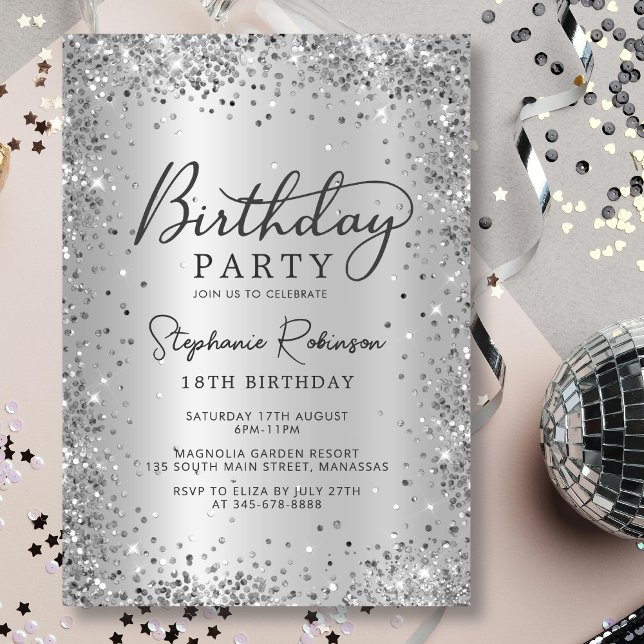 Modern Silver Glitter Metallic Foil 18th Birthday  Invitation (Creator Uploaded)