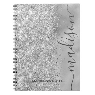 Modern Silver Glitter Metallic Monogram Script Notebook