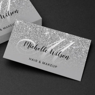 Modern Silver Glitter Monogram Beauty Salon Business Card
