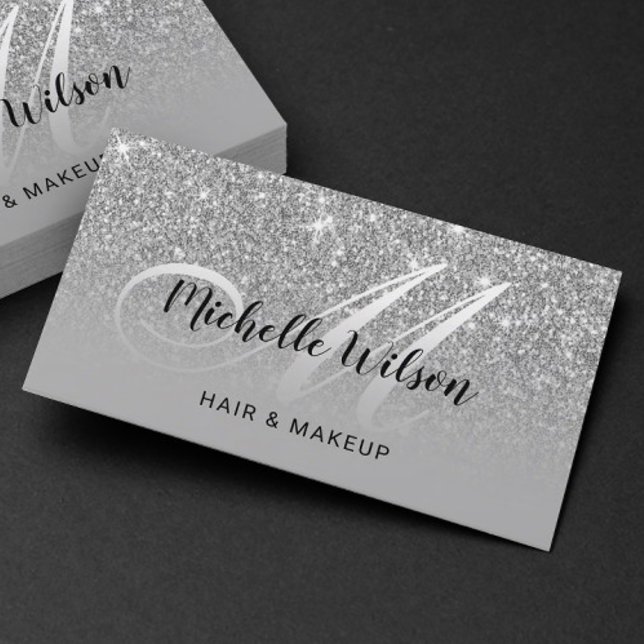 Modern Silver Glitter Monogram Beauty Salon Business Card (Creator Uploaded)