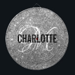 Modern silver glitter monogram name dart board<br><div class="desc">Modern silver glitter dart board with a white typography name and black monogram. Personalise with name and initial.</div>
