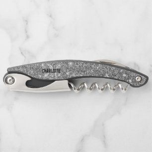 Modern silver glitter monogram name waiter's corks corkscrew