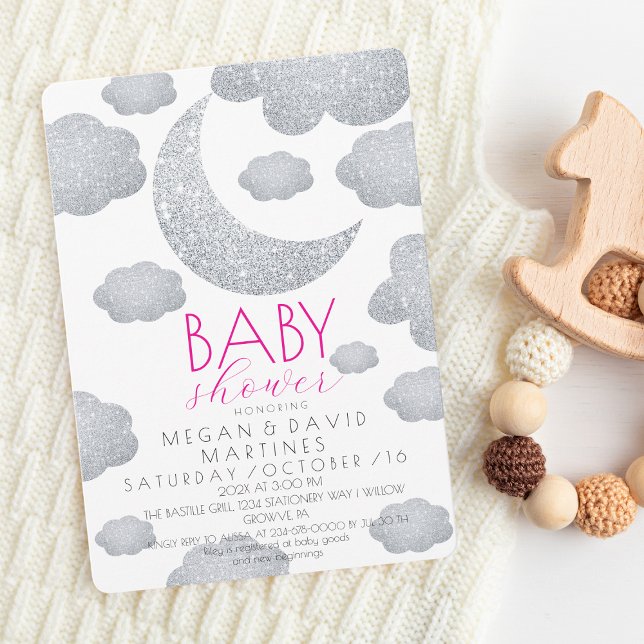 Modern Silver glitter Moon Baby girl Shower  Invitation (Creator Uploaded)