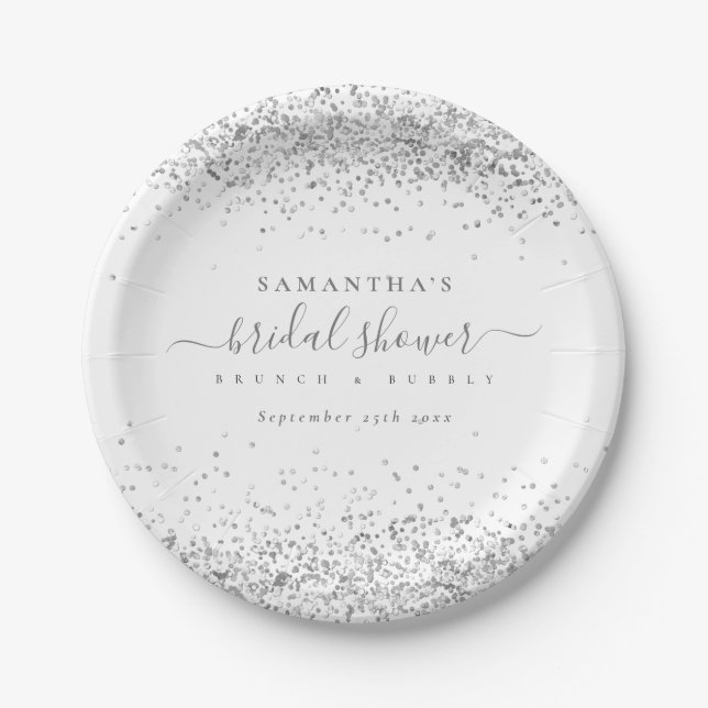 Modern Silver Glitter Name Date Bridal Shower Paper Plate (Front)