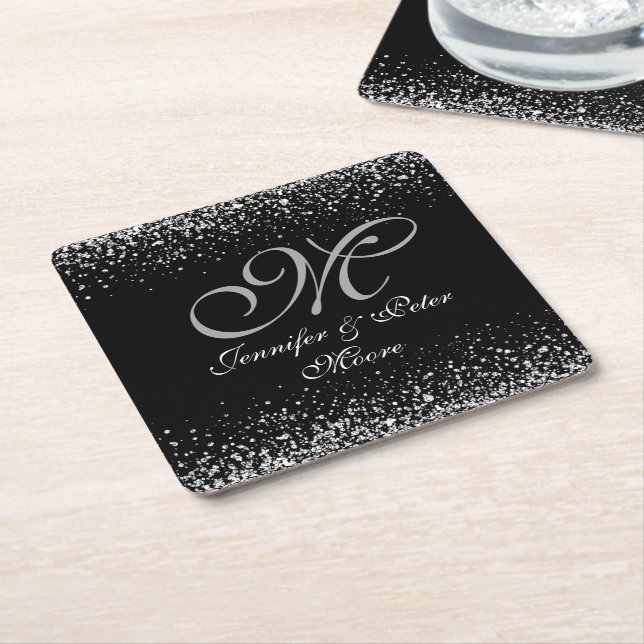 Modern Silver Glitter Nightsky Wedding Coaster (Angled)