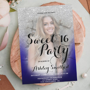 Modern silver glitter ombre blue photo Sweet 16 Invitation