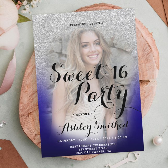 Modern silver glitter ombre blue photo Sweet 16 Invitation (Creator Uploaded)