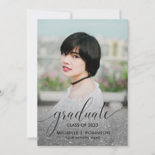 Modern Silver Glitter Ombre Girly Photo Graduation Announcement
