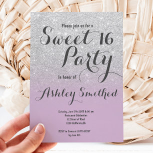 Modern silver glitter ombre lavender Sweet 16 Invitation