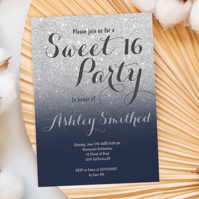 Modern silver glitter ombre navy blue Sweet 16 Invitation (Creator Uploaded)