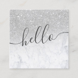 Modern silver glitter ombre white marble hello square business card
