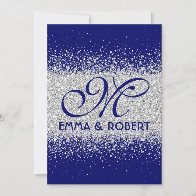 Modern Silver Glitter on Royal Blue Invitation (Front)
