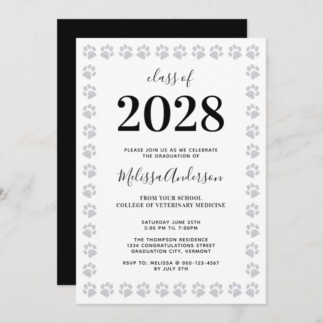 Modern Silver Glitter Paw Prints Graduation Invitation (Front/Back)