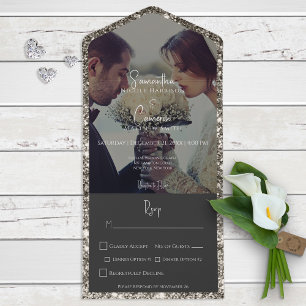 Modern Silver Glitter Photo Dinner All In One Invitation