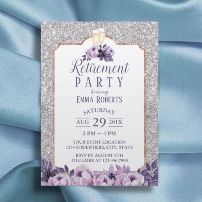 Modern Silver Glitter Purple Floral Retirement Invitation (Creator Uploaded)