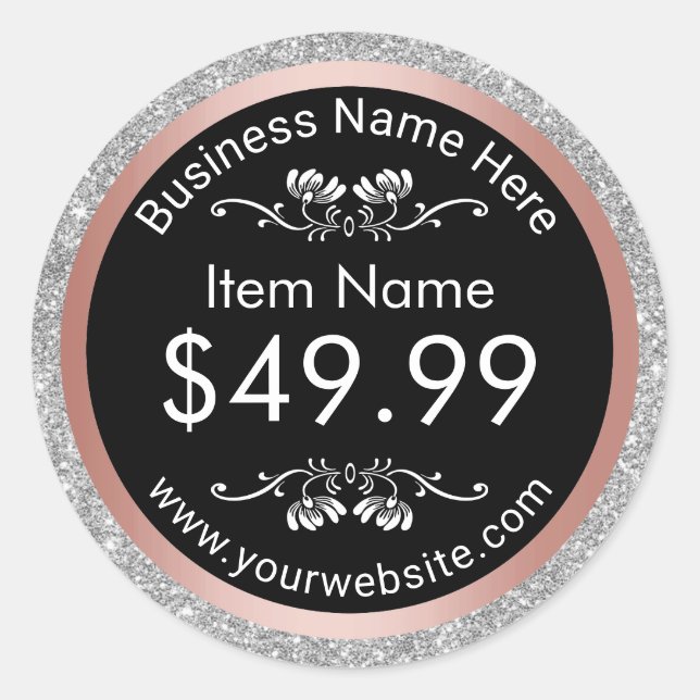 Modern Silver Glitter Rose Gold Border Price Tag (Front)