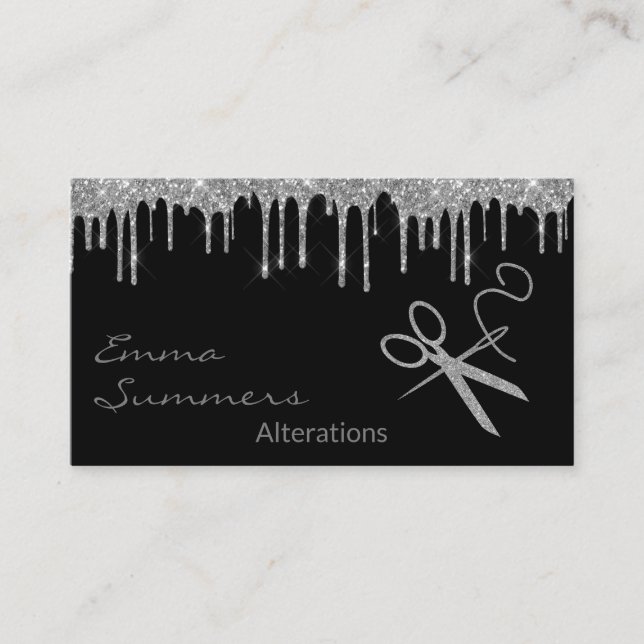 Modern Silver Glitter Scissors Thread Alterations Business Card (Front)