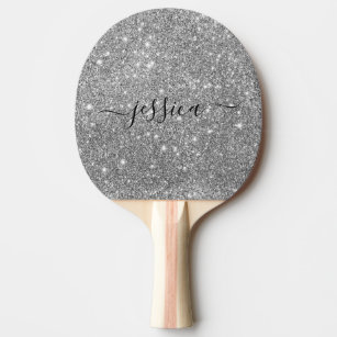 Modern silver glitter script name  ping pong paddle