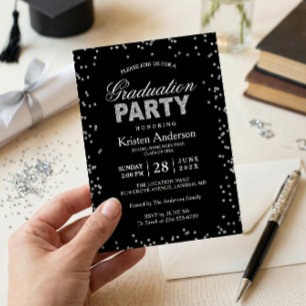 Modern Silver Glitter Sparkles Graduation Party Invitation
