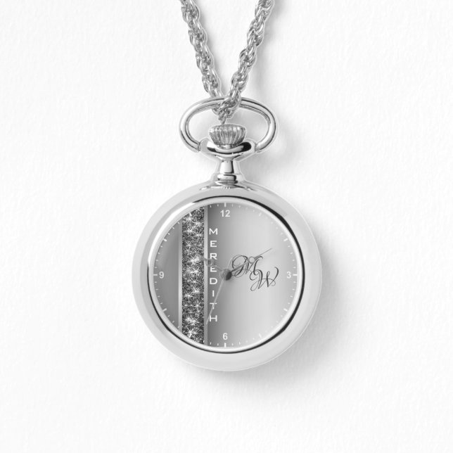 Modern Silver Glitter Stars Custom Name Initials Watch (Front)