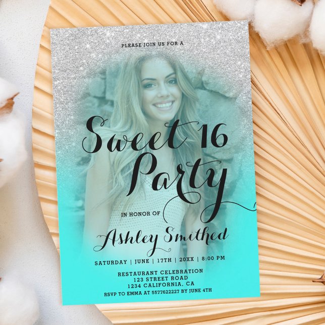 Modern silver glitter teal aqua photo Sweet 16 Invitation (Creator Uploaded)