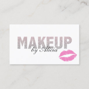 Modern Silver Glitter Text Pink Lips Makeup Artist Business Card