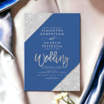 Modern silver glitter typography chic blue wedding invitation<br><div class="desc">Modern silver glitter colour block typography on customisable colour of the year blue and faux silver geometric stripes chic wedding ,  perfect for elegant,  luxurious wedding, </div>