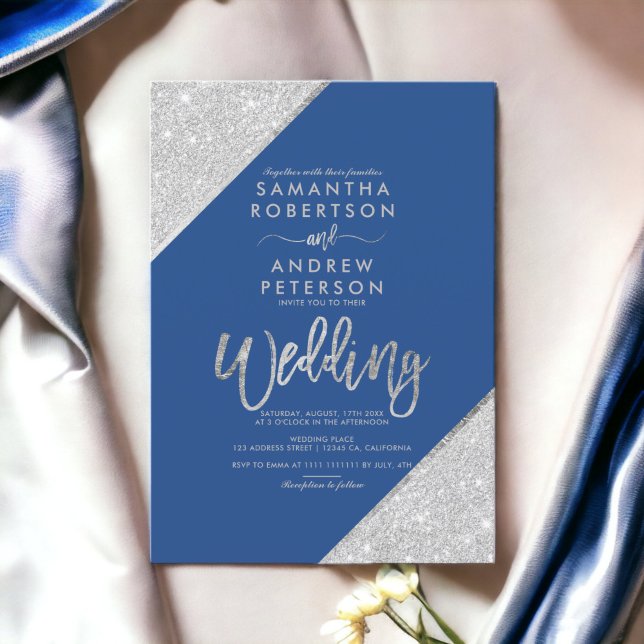 Modern silver glitter typography chic blue wedding invitation (Modern silver glitter typography chic blue wedding invitation)