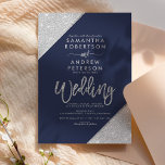 Modern silver glitter typography navy blue wedding invitation<br><div class="desc">Modern silver glitter colour block typography on customisable navy blue and faux silver geometric stripes chic wedding ,  perfect for elegant,  luxurious wedding, </div>