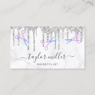 Modern silver glitter white marble hairstylist business card