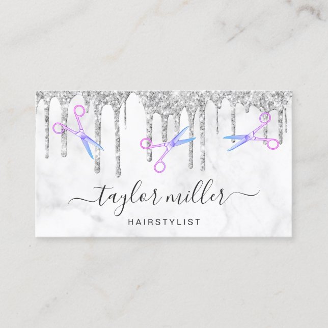 Modern silver glitter white marble hairstylist business card (Front)