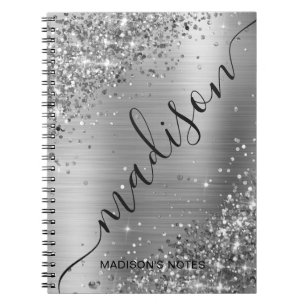 Modern Silver Gray Glitter Metallic Name Signature Notebook