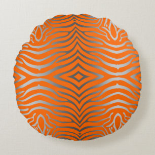 Modern Silver-Grey And Orange Zebra Stripes Round Cushion
