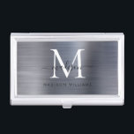 Modern Silver Grey Brushed Metal Monogram Script Business Card Holder<br><div class="desc">Modern Glam Silver Grey Brushed Metal Monogram Script Business Card Case</div>
