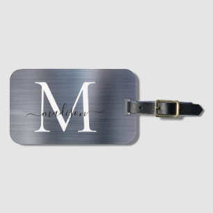 Modern Silver Grey Brushed Metal Monogram Script Luggage Tag