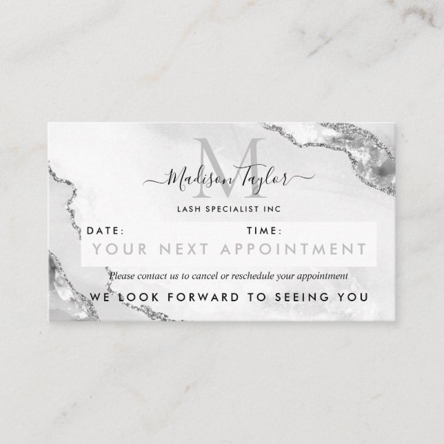 Modern Silver Grey Glitter Agate Marble Monogram Appointment Card (Front)