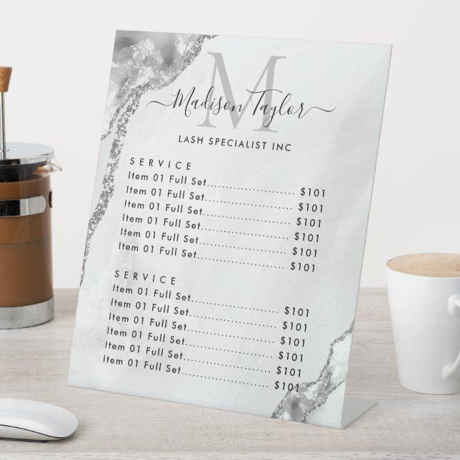 Modern Silver Grey Glitter Agate Marble Monogram Pedestal Sign (In SItu)