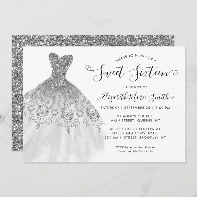 Modern Silver Grey Glitter Dress Sweet 16 Birthday Invitation (Front/Back)
