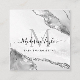 Modern Silver Grey Glitter Marble Agate Monogram Square Business Card